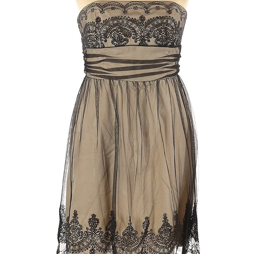 David's Bridal Black Lace Strapless Dress Sequin Mesh Overlay Cream Tan Lined 16